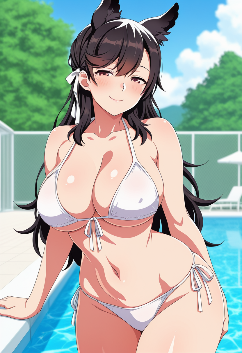 1girl ai_generated atago_(azur_lane) azur_lane big_breasts bikini black_hair blush breasts brown_eyes cleavage dog_ears dog_girl female_only hair_ribbon in_pool in_water long_hair outdoor_pool outside pool ribbon ship_girl smile solo_female vegaforge white_bikini white_ribbon