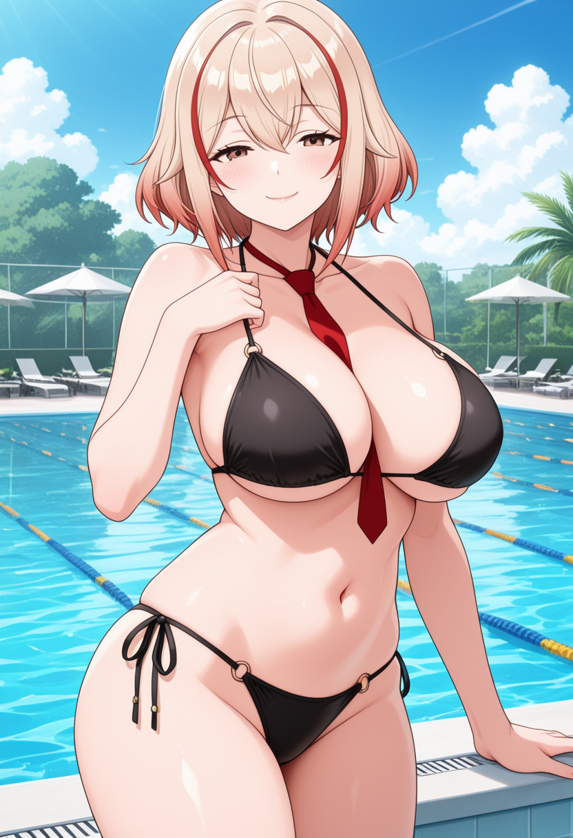 1girl ai_generated azur_lane big_breasts bikini black_bikini blonde_hair blush breasts brown_eyes cleavage female_only hand_on_chest hand_on_own_chest neck_tie outdoor_pool outside pool poolside red_hair red_tie roon_(azur_lane) short_hair smile solo_female streaked_hair tie vegaforge
