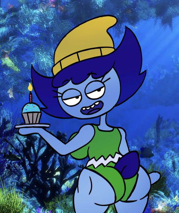 1girl anthro ass ass_focus beanie bedroom_eyes big_ass big_breasts blue_body blue_hair blue_skin candle cupcake female fish green_clothing green_leotard hat holding_food horse_folder lenstar_productions leotard looking_at_viewer looking_back marine open_smile pike's_lagoon pike_(lenstar) seachuck seductive_look short_hair sideboob solo tail teeth thick_thighs tight_clothing underwater unknown_artist viewed_from_behind
