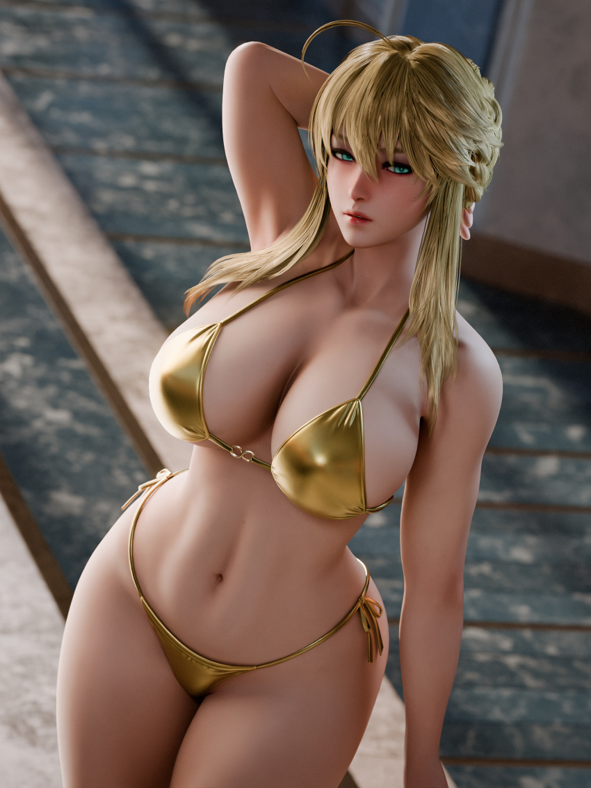1girl artoria_pendragon artoria_pendragon_(fate) artoria_pendragon_(lancer) artoria_pendragon_(swimsuit_ruler) artoria_pendragon_(swimsuit_ruler)_(fate) big_breasts bikini blonde_hair bubble_butt cleavage fate/grand_order fate_(series) green_eyes horny inviting_to_sex looking_at_viewer pose ryanreos standing swimsuit teasing thick_thighs