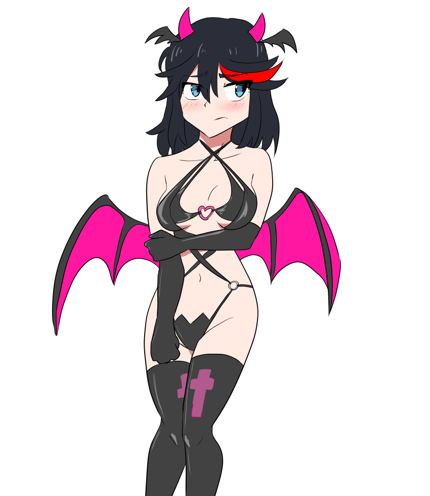 1girl asian asian_female big_breasts black_gloves black_hair black_socks blue_eyes blush blushing_female breasts embarrassed embarrassed_female female_only gloves halloween halloween_costume horns kill_la_kill light-skinned_female light_skin matoi_ryuuko red_highlights short_hair socks solo_female studio_trigger succubus succubus_costume succubus_horns succubus_wings teen teenage_girl tomboy white_background