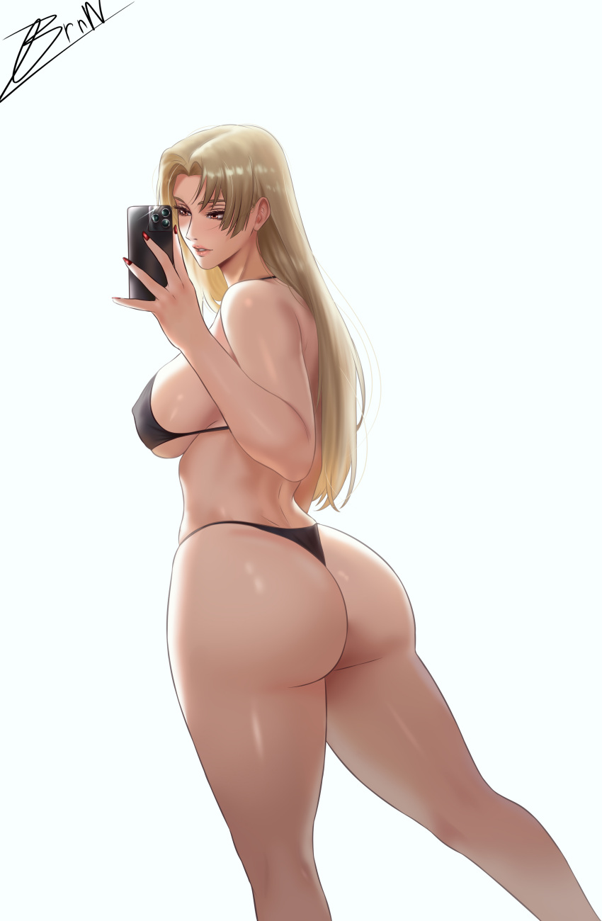 1girl big_breasts bikini blonde_hair brnn brown_eyes bubble_butt cleavage horny inviting_to_sex jujutsu_kaisen pose standing swimsuit teasing thick_thighs tsukumo_yuki tsukumo_yuki_(jujutsu_kaisen) yuki_tsukumo