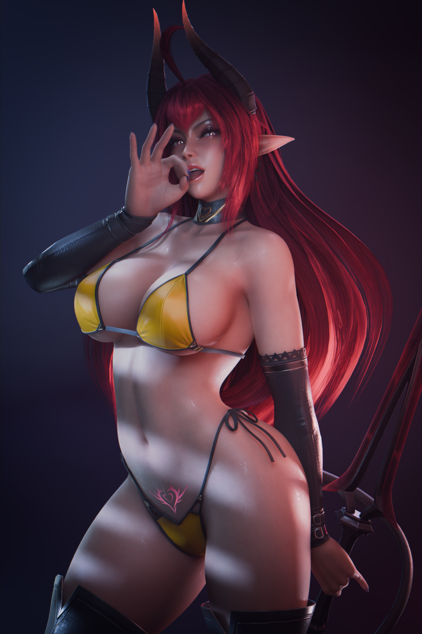 1girl big_breasts bikini bubble_butt cleavage daemon_girl demon_girl demon_horns demon_tail horny inviting_to_sex looking_at_viewer pose red_eyes red_hair ryanreos sinia standing swimsuit teasing thick_thighs