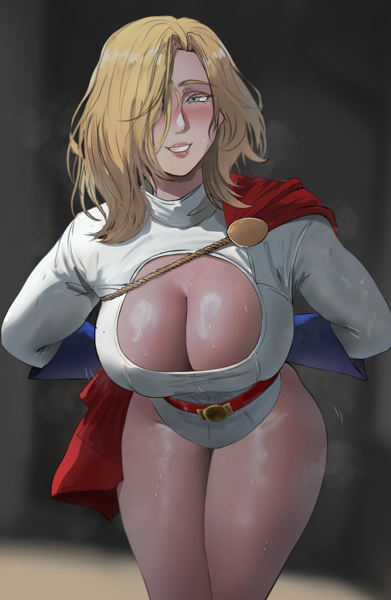 1girl big_breasts blonde_hair blue_eyes bubble_butt cleavage dc dc_comics horny inviting_to_sex kara_zor-l karen_starr looking_at_viewer oroborus pose power_girl standing superman_(series) teasing thick_thighs