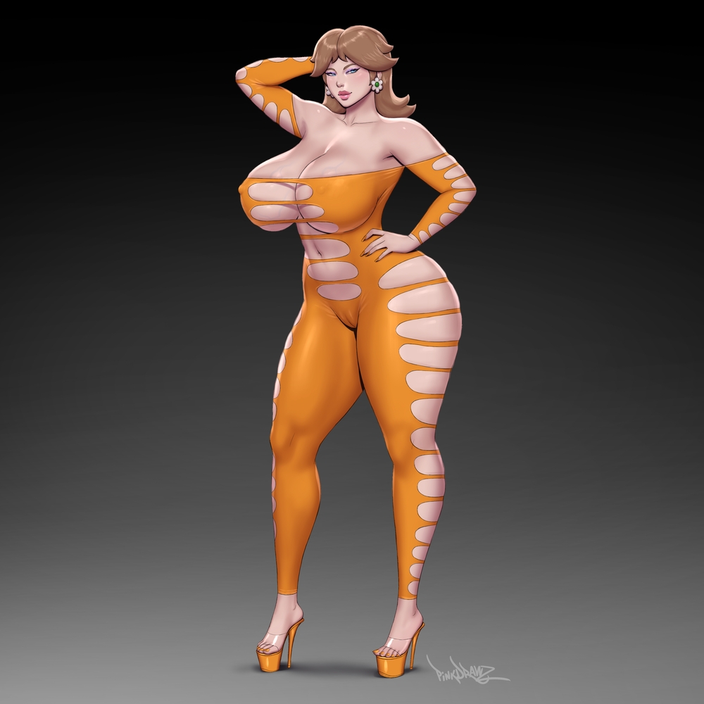 1girl big_breasts blue_eyes brown_hair bubble_butt cleavage horny inviting_to_sex looking_at_viewer mario_(series) mario_bros pinkdrawz pose princess_daisy standing super_mario_bros. teasing thick_thighs
