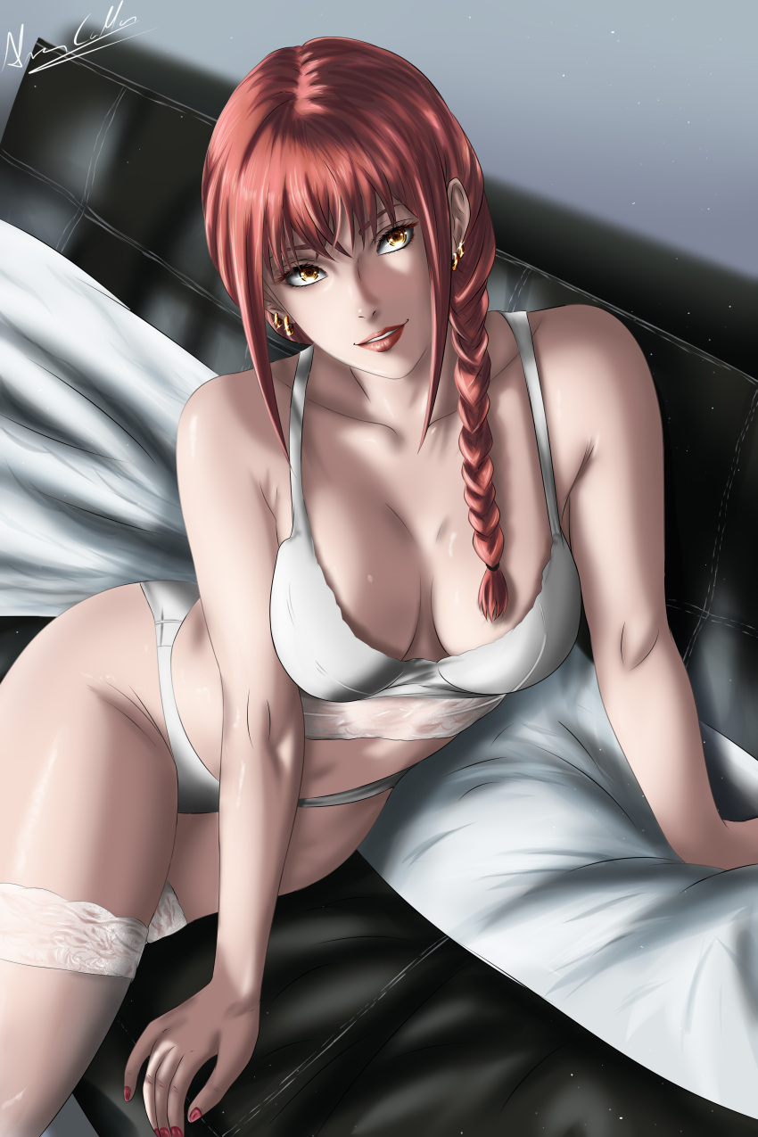 1girl big_breasts brnn bubble_butt chainsaw_man cleavage horny inviting_to_sex looking_at_viewer makima makima_(chainsaw_man) on_bed orange_eyes pose red_hair sitting stockings teasing thick_thighs