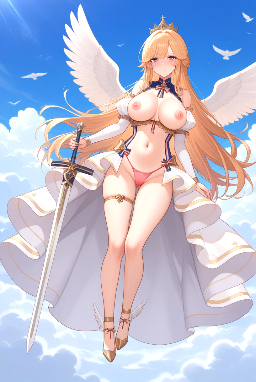 1girls ai_generated angel_wings azur_lane bare_shoulders big_breasts blush breasts clouds crown female_only flying gold_high_heels high_heels holding_sword in_the_sky light_smile long_hair nipple open_skirt orange_hair panties partially_clothed pink_eyes pink_panties richelieu_(azur_lane) ship_girl skirt smile solo_female sword thighlet white_skirt wings