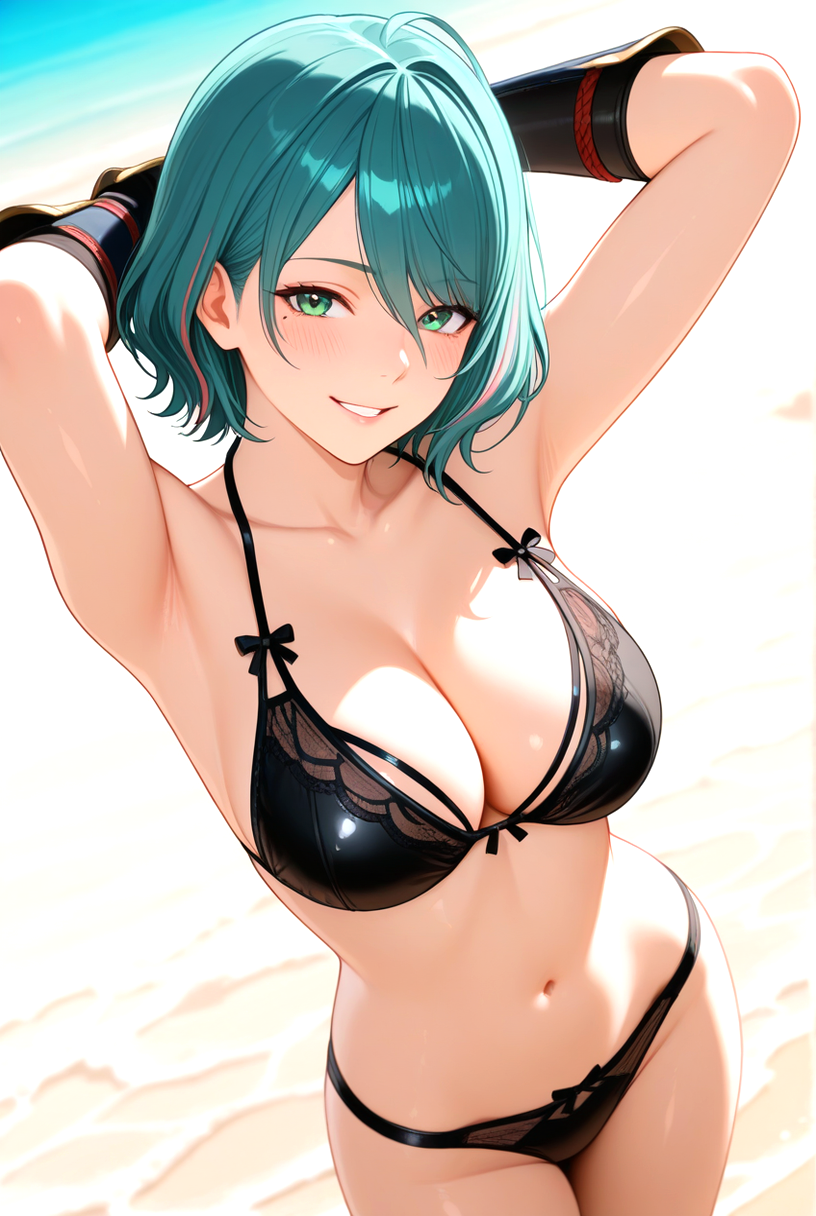 1girls ai_generated beach big_breasts bikini black_bikini blush breasts cleavage dead_or_alive female_only gauntlets green_eyes green_hair hands_behind_head pink_hair short_hair smile solo_female streaked_hair tamaki_(doa)