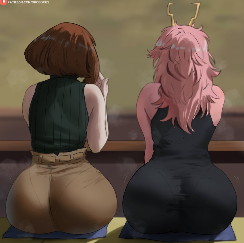 2_girls 2girls ashido_mina big_breasts boku_no_hero_academia brown_eyes brown_hair bubble_butt cleavage horny inviting_to_sex mina_ashido my_hero_academia ochako_uraraka oroborus pink_hair pose sitting teasing thick_thighs uraraka_ochako yellow_eyes
