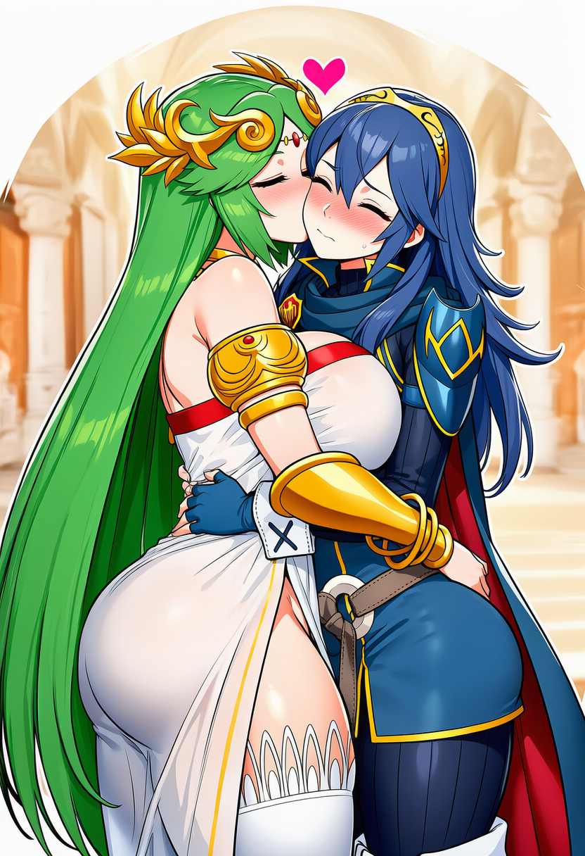 2_girls ai_art ai_generated ass big_breasts blue_hair blush blush breast_press breasts cheek_kiss cleavage closed_eyes crossover embracing fire_emblem fire_emblem_awakening green_hair heart huge_breasts hugging intelligent_systems jewelry kid_icarus long_hair lucina multiple_females multiple_girls nintendo palutena super_smash_bros. thighs very_long_hair yuri