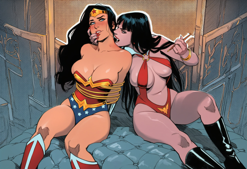 2_girls amazon arms_behind_back arms_tied arms_tied_behind_back bangs bare_arms bare_legs bare_shoulders big_breasts bikini black_boots black_eyeshadow black_footwear black_hair blue_eyes blue_leotard blunt_bangs blush bondage boots bracelet bracer breasts breasts_apart cleavage collarbone couple crossover dc_comics defeated defeated_female defeated_heroine detached_collar diana_prince duo dynamite_comics eye_contact eyeshadow fangs female/female female_only femdom femsub footwear gold_bracelet gold_jewelry grey_eyeshadow grin half-closed_eyes hands_up head_tilt heroine highleg highleg_leotard jewelry justice_league justice_league_unlimited lasso_of_truth legs leotard lezdom lezsub lips lipstick long_fingernails long_hair looking_at_another love makeup monster_girl multicolored_clothes multicolored_leotard multiple_girls mutual_yuri nail_polish naughty_face navel neck o-ring o-ring_bikini o-ring_swimsuit open_mouth pale-skinned_female pale_skin parted_bangs parted_lips phophopho pink_lipstick red_bikini red_boots red_footwear red_leotard red_lipstick red_nails red_swimsuit revealing_clothes romantic romantic_couple rope rope_bondage round_teeth side-by-side silver_bracer silver_jewelry sitting sling_bikini smile star star_(symbol) star_print straight_hair strapless strapless_leotard superhero_costume superheroine swimsuit teeth themysciran thick_eyebrows thighs tiara two-tone_leotard upper_teeth upper_teeth_only vampire_girl vampirella vampirella_(series) vulnerable wonder_woman wonder_woman_(series) yuri