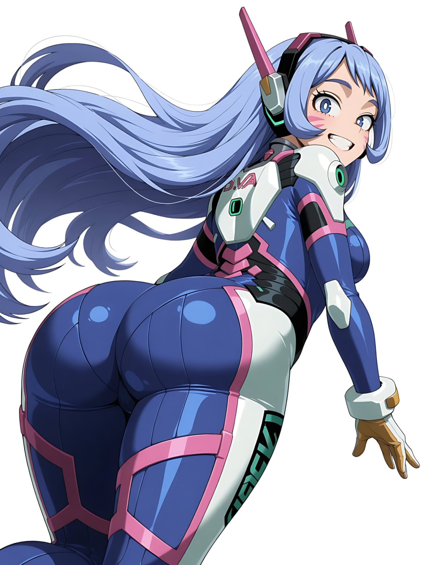 ai_generated aninox back_view backboob bare_thighs big_ass big_breasts blue_eyes blue_hair bodysuit boku_no_hero_academia d.va_(cosplay) fat_ass gigantic_ass huge_breasts huge_thighs large_breasts light-skinned_female light_skin long_hair looking_back massive_ass my_hero_academia nejire_hadou overwatch solo_female thick_body thick_female thick_thighs thighs voluptuous voluptuous_female