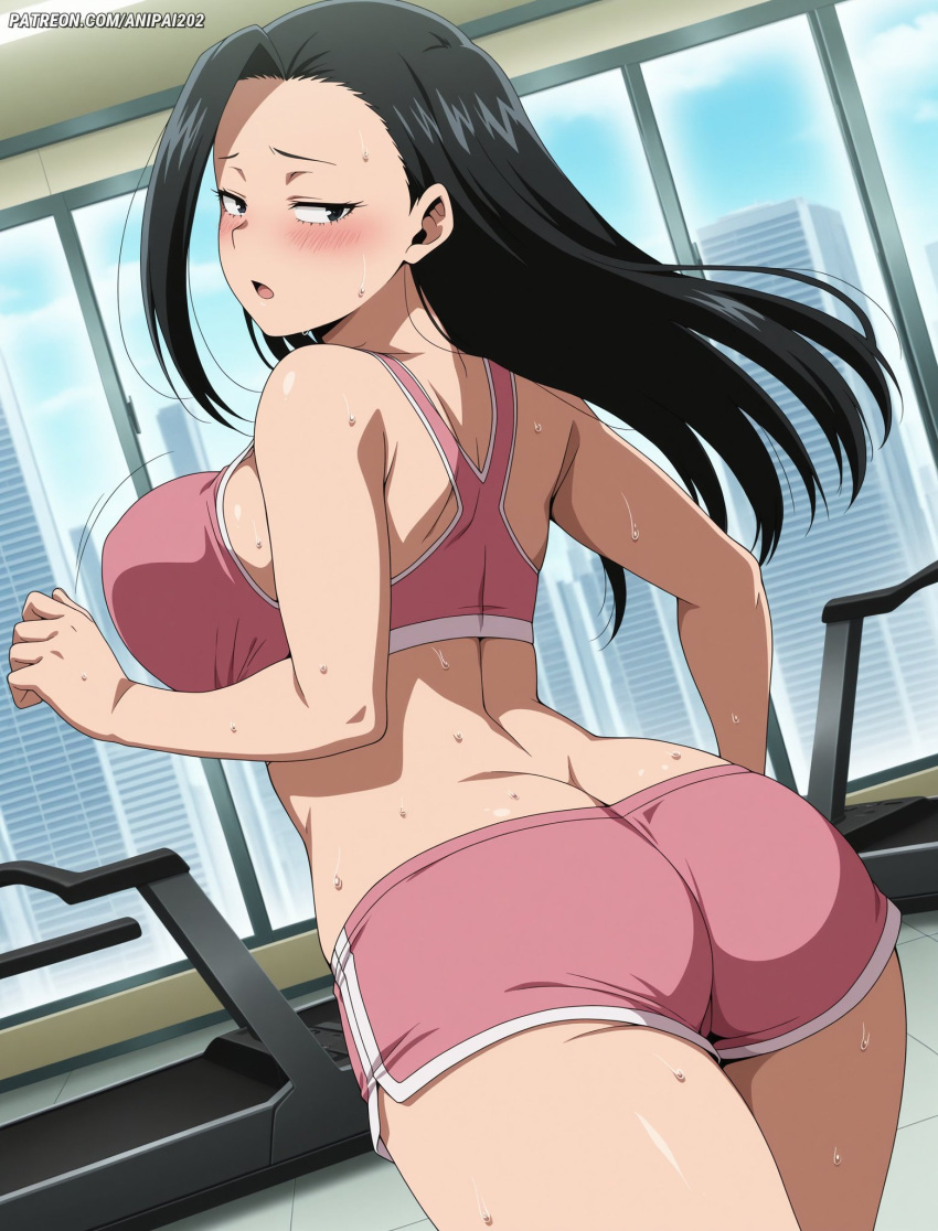 ai_generated anipai back_view backboob bare_thighs big_ass big_ass big_breasts black_eyes black_hair blush boku_no_hero_academia bouncing_breasts dolphin_shorts fat_ass gigantic_ass huge_breasts huge_thighs light-skinned_female light_skin long_hair looking_back massive_ass massive_breasts momo_yaoyorozu my_hero_academia open_mouth running solo_female squatting sweat sweatdrop tank_top thick_body thick_female thick_thighs thighs voluptuous voluptuous_female workout