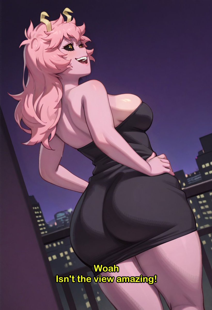ai_generated antennae back_view backboob bare_thighs big_ass big_ass big_breasts big_breasts black_dress black_eyes boku_no_hero_academia fat_ass gigantic_ass grin huge_breasts huge_thighs long_hair massive_ass mina_ashido my_hero_academia mystiqueart pink_body pink_hair pink_skin solo_female squatting sweat sweatdrop tan_line thick_body thick_female thick_thighs thighs voluptuous voluptuous_female yellow_pupils