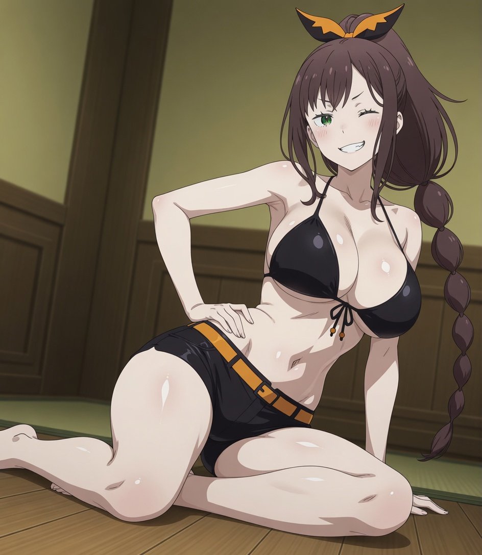 ai_generated athletic_female bare_thighs barefoot big_breasts big_breasts bikini braided_ponytail brown_hair green_eyes grin hair_ribbon huge_breasts huge_thighs light-skinned_female light_skin long_hair looking_at_viewer one_eye_closed re:zero_kara_hajimeru_isekai_seikatsu shaula_(re:zero) short_shorts solo_female squatting sweat sweatdrop thick_body thick_female thick_thighs thighs voluptuous voluptuous_female waifuremix