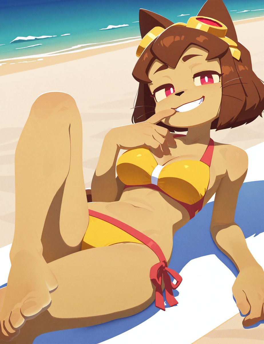 ai_generated bare_thighs barefoot beach big_breasts big_breasts bikini brown_hair cat_ears cat_girl cat_tail fur furry furry_female gameoverse glasses_on_head grin huge_breasts huge_thighs kit_bodega layazero looking_at_viewer pink_eyes short_hair solo_anthro thick_body thick_female thick_thighs thighs voluptuous voluptuous_female