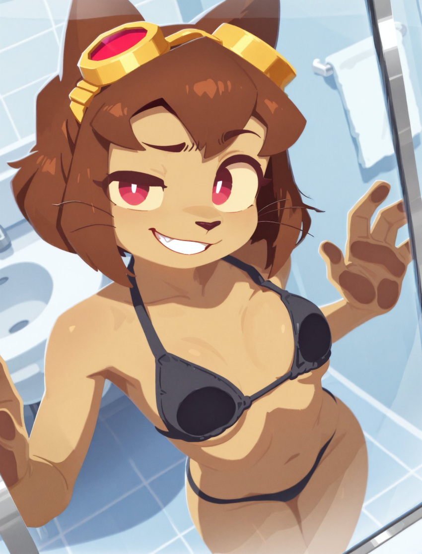 ai_generated bare_thighs bathroom big_breasts bikini brown_hair cat_ears cat_girl cat_tail fur furry furry_female gameoverse glasses_on_head grin huge_thighs kit_bodega layazero looking_at_viewer pink_eyes short_hair solo_anthro thick_body thick_female thick_thighs thighs voluptuous voluptuous_female