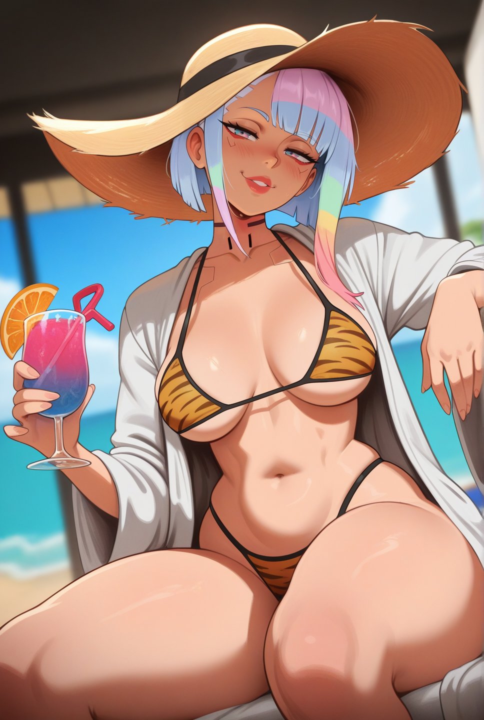 ai_generated bare_thighs beach big_breasts big_breasts bikini cyberpunk:_edgerunners cyberpunk_2077 grin huge_breasts huge_thighs leopard_print light-skinned_female light_skin looking_at_viewer lucyna_kushinada multicolored_eyes multicolored_hair oppaidekaii short_hair solo_female squatting sweat sweatdrop thick_body thick_female thick_thighs thighs voluptuous voluptuous_female