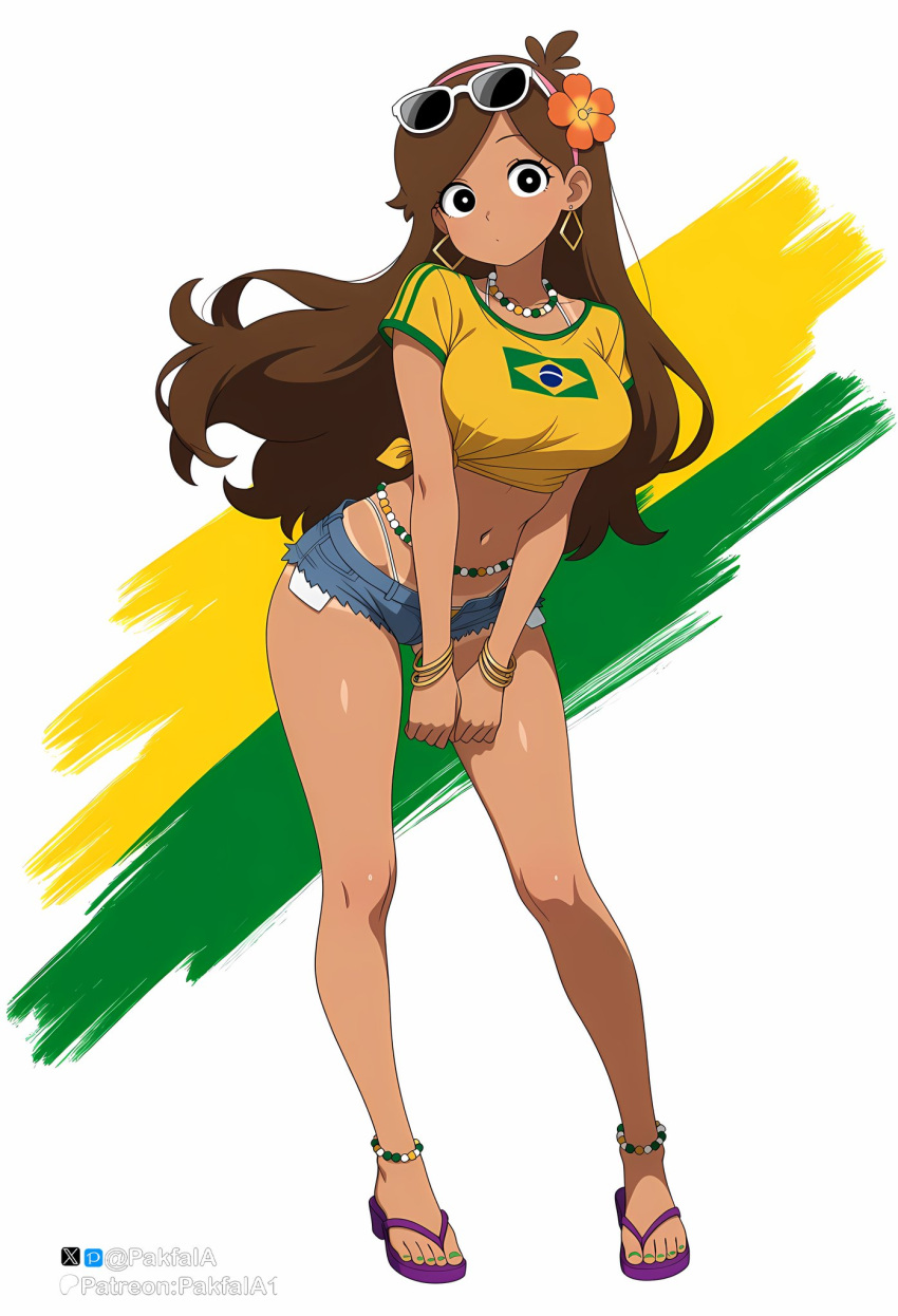 ai_generated bare_thighs big_breasts big_breasts black_eyes brazilian_flag brown_hair earrings flower_in_hair gravity_falls huge_breasts huge_thighs long_hair looking_at_viewer mabel_pines pakfaia short_shorts solo_female squatting sunglasses sunglasses_on_head sweat sweatdrop t-shirt tan-skinned_female tan_body tan_line tanned_female tanned_skin thick_body thick_female thick_thighs thighs voluptuous voluptuous_female