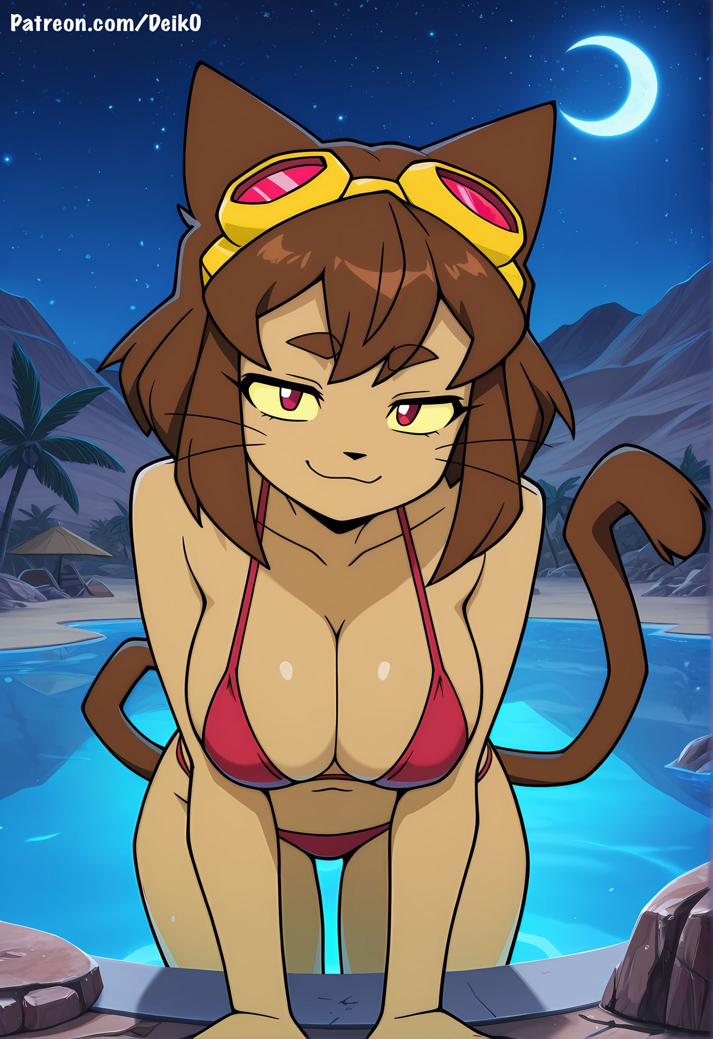 ai_generated bare_thighs big_breasts bikini brown_hair cat_ears cat_girl cat_tail deik0 fur furry furry_female gameoverse glasses_on_head glitch_productions grin huge_breasts huge_thighs kit_(gameoverse) kit_bodega looking_at_viewer massive_breasts red_pupils short_hair solo_anthro thick_body thick_female thick_thighs thighs voluptuous voluptuous_female yellow_eyes