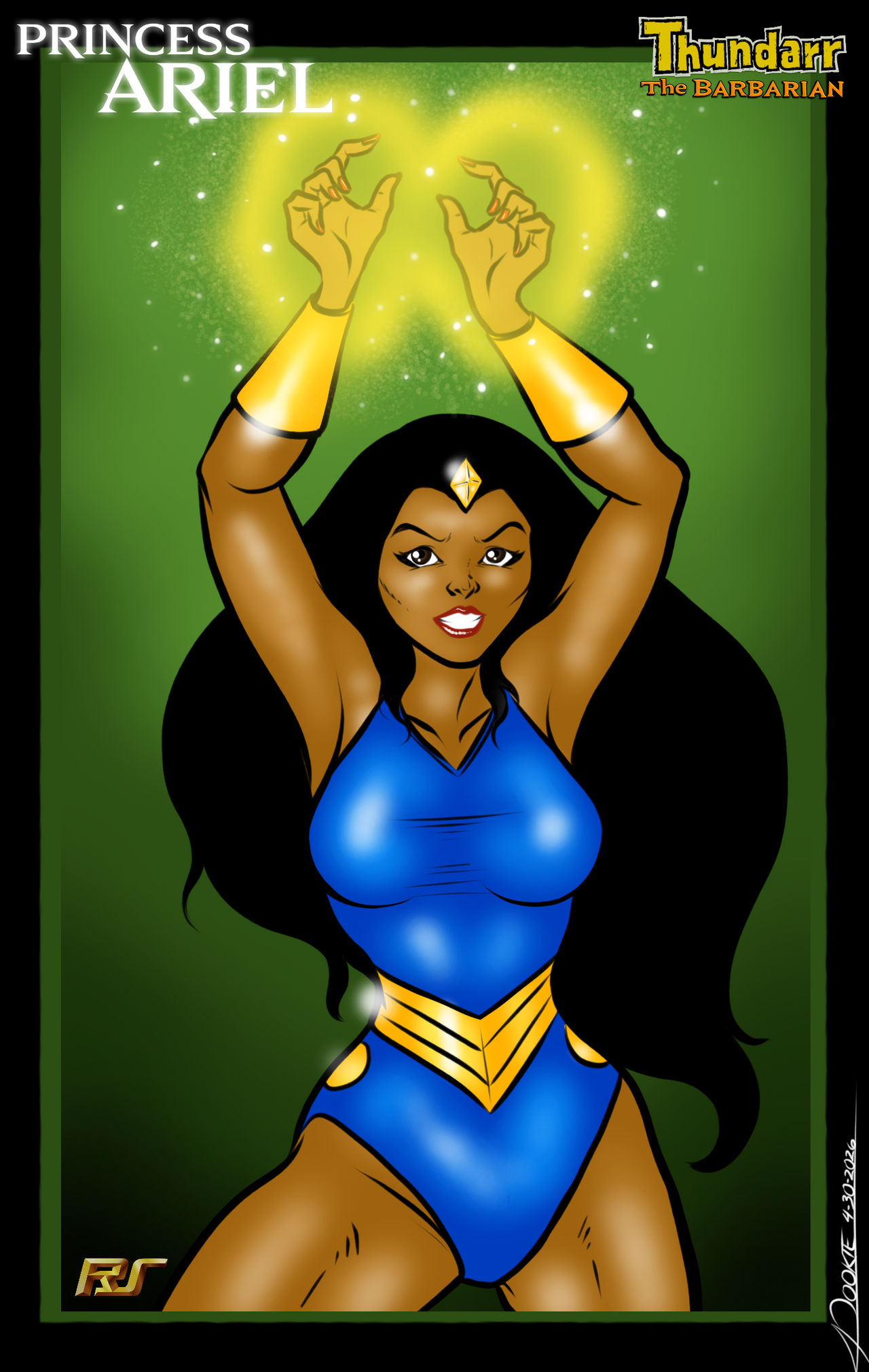 alternate_version_available arm_bracers arms_up arms_up_over_head artist_name artist_signature big_breasts black_hair breasts brown_eyes forehead_jewel leotard looking_at_viewer pookieart pookieart_(artist) princess_ariel_(thundarr_the_barbarian) ruby-spears_productions thundarr_the_barbarian