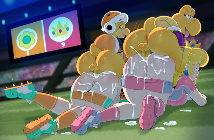 1girl 2_girls 2boys 2d 2d_(artwork) anal anal_sex anus ass audience blonde_hair bubble_ass bubble_butt clothing competitive_sex cum cum_in_ass cum_inside cum_on_body excessive_cum exhibitionism football football_player football_uniform footwear from_behind from_behind_position group_sex hammer_bros. handwear huge_ass huge_cock human interspecies koopa_troopa male mario_(series) mario_strikers nintendo orange_shorts pale_skin parallel_sex penis pink_shorts princess_daisy princess_peach public public_sex saliva sex_competition shorts shorts_down somescrub sportswear stadium sweat tagme