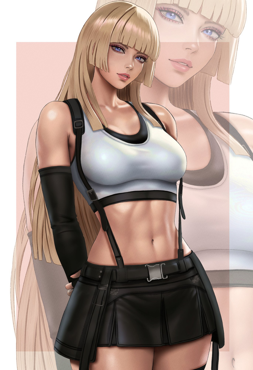 1girl 1girl abs bandai_namco bare_shoulders big_breasts black_skirt blonde_hair blue_eyes blunt_bangs breasts cosplay crop_top elbow_gloves emilie_de_rochefort fighting_game final_fantasy final_fantasy_vii final_fantasy_vii_remake fingerless_gloves gloves high_res hime_cut kittymiya lili lili_(tekken) lili_rochefort long_hair looking_at_viewer midriff miniskirt namco namco_bandai navel skirt smile suspender_skirt suspenders tank_top tekken tifa_lockhart tifa_lockhart_(cosplay) twitter video_game_character video_game_franchise video_games
