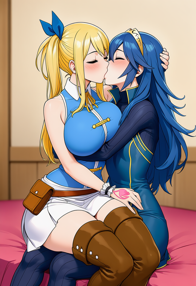 2_girls ai_generated bed big_breasts blonde_hair blue_dress blue_hair closed_eyes crossover fairy_tail fire_emblem fire_emblem_awakening huge_breasts hugging kissing long_hair lucina lucy_heartfilia multiple_girls ponytail sitting skirt thighs yuri