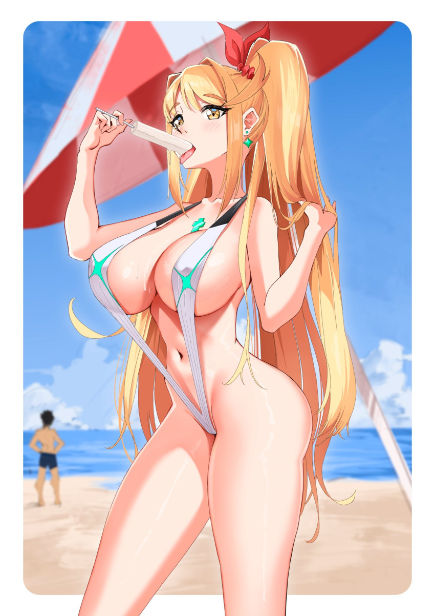 1boy 1girl alluring almost_naked alternate_costume alternate_hairstyle ass beach big_breasts bikini blonde_hair breasts colored core_crystal core_crystal_(xenoblade) earrings gold_eyes i_am_anddo jewlery monolith_soft mythra_(xenoblade) navel nintendo ocean ponytail popsicle rex_(xenoblade) sand side_ponytail sling_bikini swim_trunks tagme thighs topless_male umbrella water xenoblade_(series) xenoblade_chronicles_2