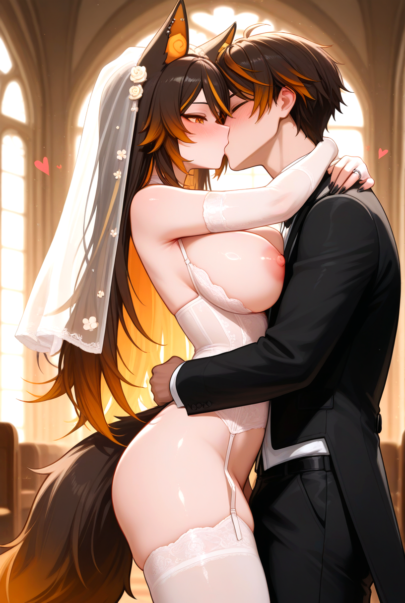 1boy 1girls ai_generated big_breasts blush breasts brown_hair church heart hellhound hugging indie_virtual_youtuber indie_vtuber kissing long_hair multicolored_hair multicolored_tail nipples orange_eyes orange_hair sinder_(vtuber) tuxedo virtual_youtuber vtuber wedding wedding_gloves wedding_lingerie wedding_ring wedding_veil wolf_ears wolf_girl wolf_tail
