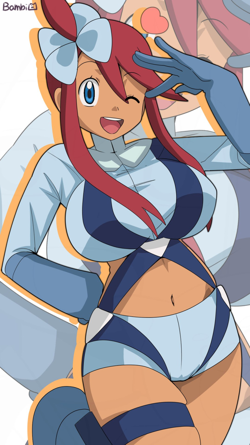 1girl 1girl bambi2000line big_breasts blue_boots blue_eyes blue_gloves blue_jacket blue_shorts boots breasts commentary_request crop_top cropped_jacket gloves gloves_over_sleeves hair_ornament hand_up high_res jacket midriff nintendo one_eye_closed one_side_up open_mouth pokemon pokemon_black_and_white pouch red_hair salute short_hair_with_long_locks short_shorts shorts sidelocks skyla_(pokemon) smile teeth thigh_pouch under-elbow_gloves upper_teeth_only
