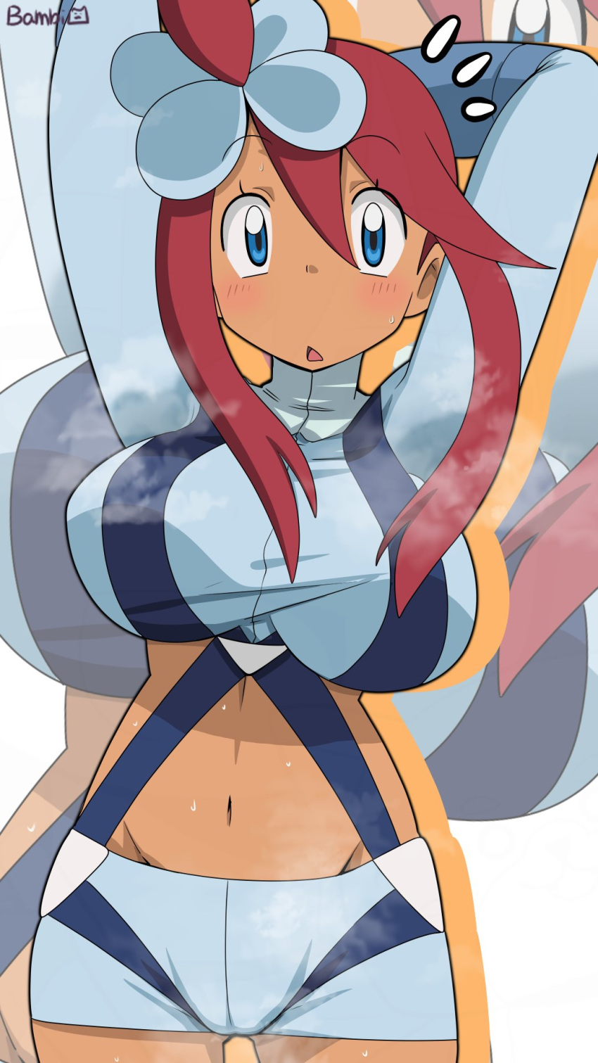1girl 1girl bambi2000line big_breasts blue_eyes blue_gloves blue_jacket blue_shorts blush breasts commentary_request crop_top cropped_jacket dark-skinned_female dark_skin gloves high_res jacket nintendo pokemon pokemon_black_and_white red_hair shorts skyla_(pokemon) sweat