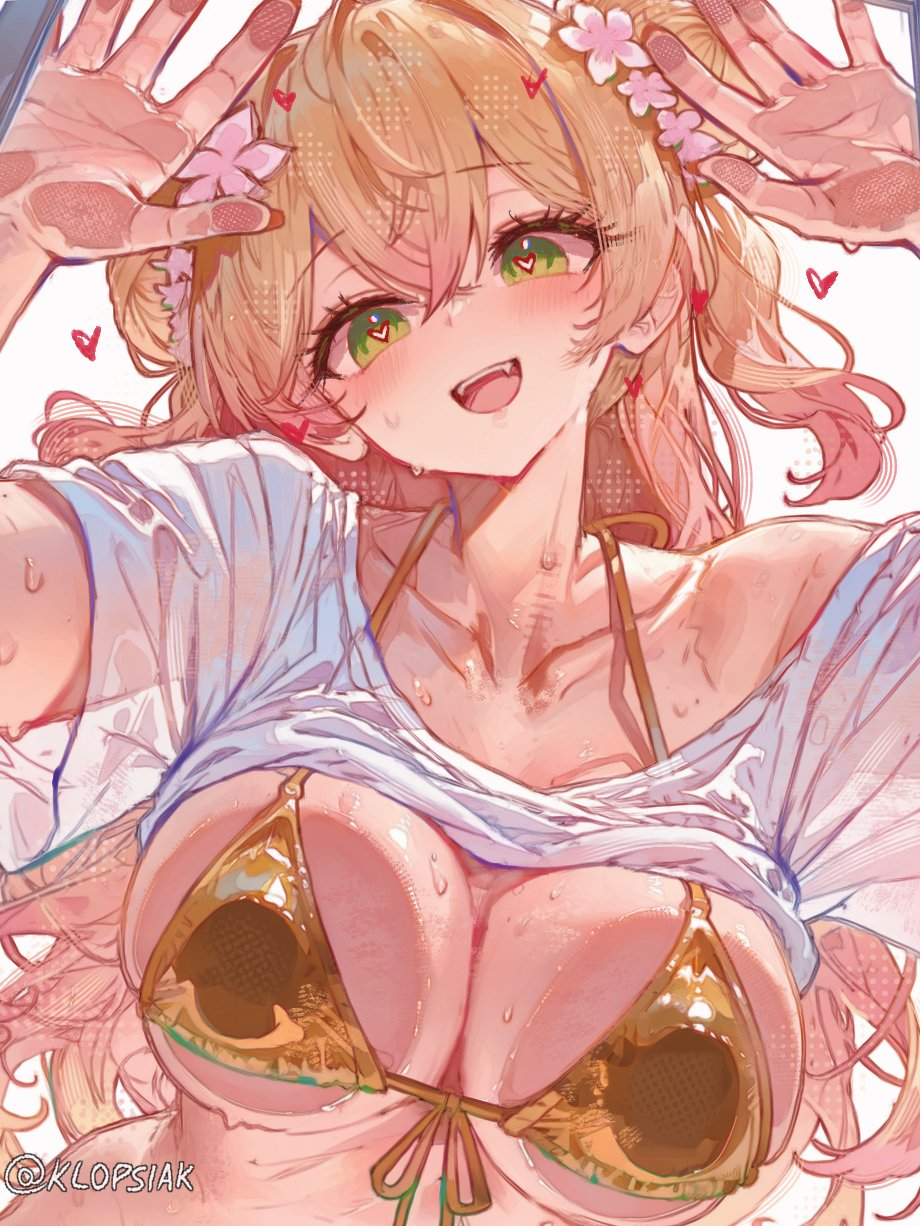1girl 1girl big_breasts bikini blonde_hair breasts clothes_lift collarbone front-tie_bikini_top front-tie_top gold_bikini golden_week green_eyes hair_between_eyes heart heart-shaped_pupils high_res hololive hololive_japan klopsiak long_hair looking_at_viewer momosuzu_nene open_mouth shirt shirt_lift simple_background smile sweat swimsuit symbol-shaped_pupils teeth twitter_username upper_body upper_teeth_only virtual_youtuber vtuber white_background white_shirt
