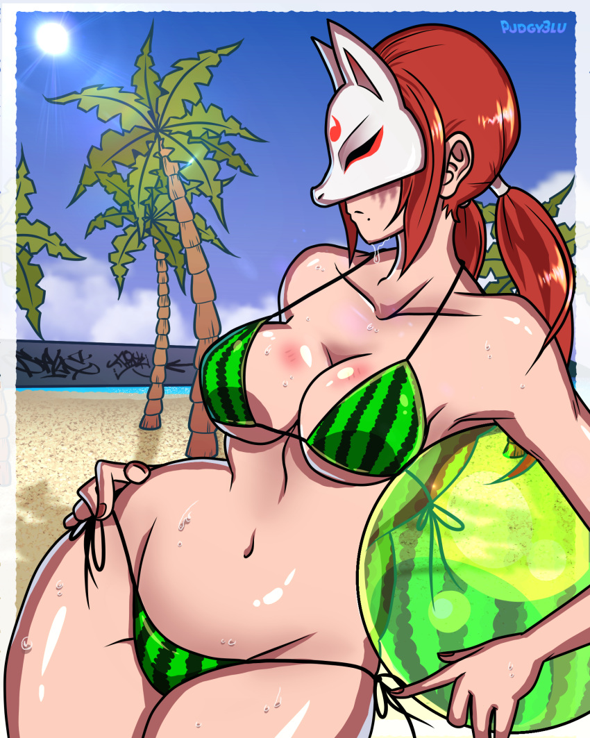 1girl 1girls 2022 2d 2d_(artwork) alluring artist_name bandai_namco beach big_breasts bikini breasts burn_scar female_focus female_only fighting_game fox_mask fruit g-string g-string_only holding_object holding_watermelon huge_breasts kitsune_mask kunimitsu kunimitsu_(tekken) light-skinned_female light_skin looking_away male mask milf namco namco_bandai newgrounds ocean outside palm_tree pudgyblu red_hair seductive solo_female sun tekken tekken_1 tekken_2 tekken_tag_tournament tekken_tag_tournament_2 thighs video_game_character video_game_franchise video_games watermelon watermelon_bikini white_border