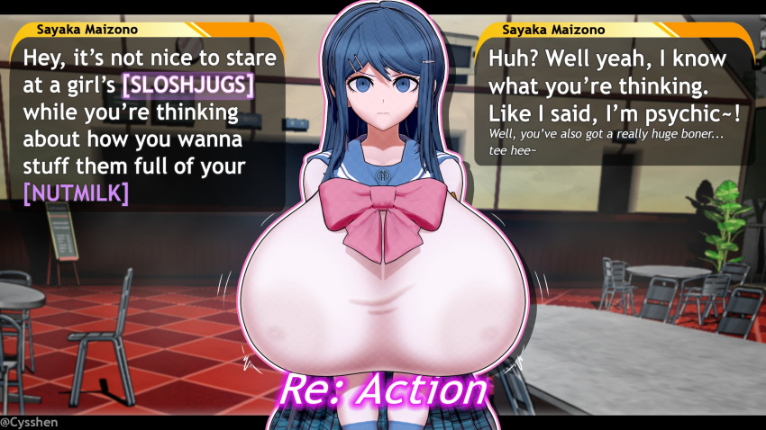 1girl 1girls 3d areolae_visible_through_clothing big_breasts breasts cyshen danganronpa female_only gigantic_breasts gooner_words goonspeak huge_areolae huge_breasts human hyper maizono_sayaka massive_breasts nipples_visible_through_clothing solo_female text