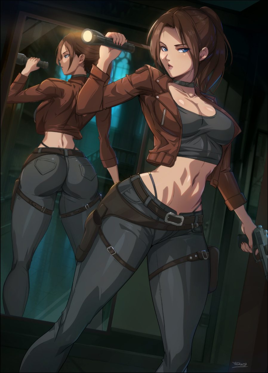 1girl 1girls ass blue_eyes breasts brown_hair brunette brunette brunette-haired_female brunette_female capcom claire_redfield cleavage clothed dat_ass felox08 gun handgun legs medium_breasts navel resident_evil resident_evil_2 resident_evil_code_veronica resident_evil_veronica standing standing_up thighs twitter video_game_character video_game_franchise video_games weapon