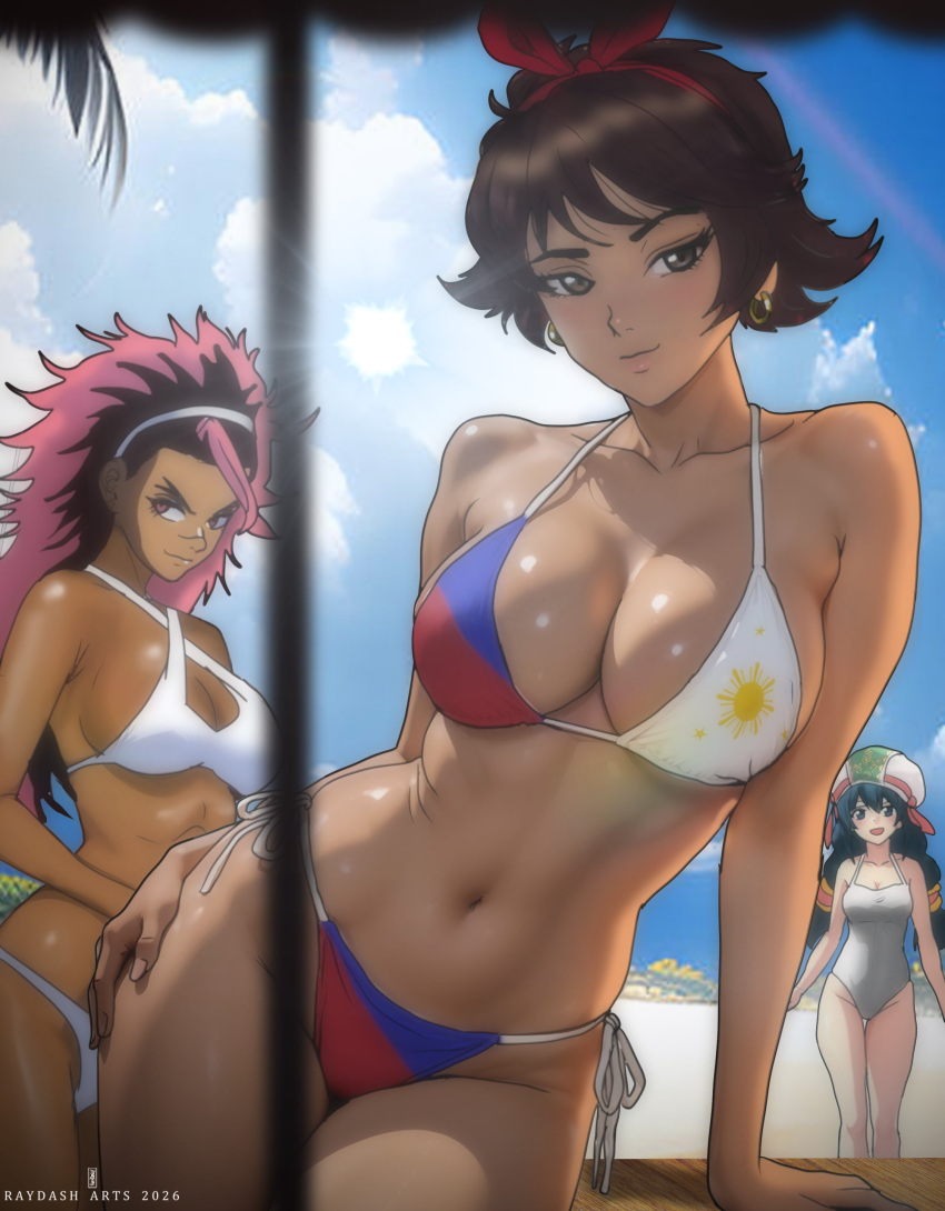 1girl 2d 2d_artwork 3_girls beach beach_background big_breasts bikini black_hair breasts brown_eyes brown_hair capcom cleavage crossover dark-skinned_female dark_skin female_only fighting_game hat headgear hips hourglass_figure huge_breasts josie_rizal light-skinned_female light_skin long_hair midriff multicolored_bikini multicolored_clothing multiple_girls namco nationality_connection navel outside philippine_flag philippines purple_eyes purple_hair raydash30 round_breasts sexy sexy_body sexy_female sexy_pose short_hair soul_calibur street_fighter street_fighter_6 swimsuit talim talim_(soulcalibur) tekken tekken_7 thighs trait_connection twitter two-tone_hair video_game_character video_game_franchise video_games waist white_bikini white_swimsuit wide_hips yasmine yasmine_(street_fighter)