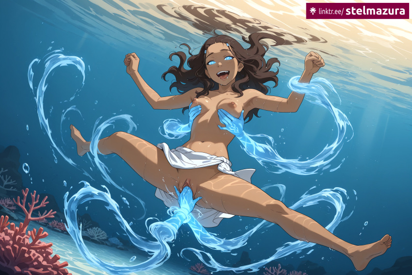 1girl 2d accurate_art_style ai_assisted ai_generated air_bubble avatar:_the_last_airbender barefoot blue_eyes breast_grab breasts brown_hair bubble coral dark-skinned_female dark_skin feet female fingering glowing glowing_eyes grabbing katara legs long_hair medium_breasts navel nickelodeon nicktoons nipples official_style open_mouth patreon pussy pussy_juice skinny smile solo spread_legs stelmazura uncensored underwater vaginal water