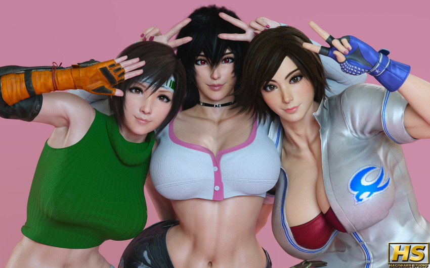 1girl 3_girls 3d 3d_(artwork) anime asuka_kazama atsuko_hagiwara bandai_namco big_breasts big_breasts black_hair blender breasts breasts breasts breasts brunette brunette cleavage clothed clothing duo_gale eye_contact female_focus female_only fighting_game final_fantasy final_fantasy_vii final_fantasy_vii_remake fingerless_gloves gloves hagiwara_studio huge_breasts kazama_asuka long_hair medium_breasts namco namco_bandai peace_sign pose seductive seductive_look shiny shiny_skin short_hair smile standing standing_up tekken tekken_8 tomboy twitter video_game_character video_game_franchise video_games voluptuous voluptuous_female yuffie_kisaragi