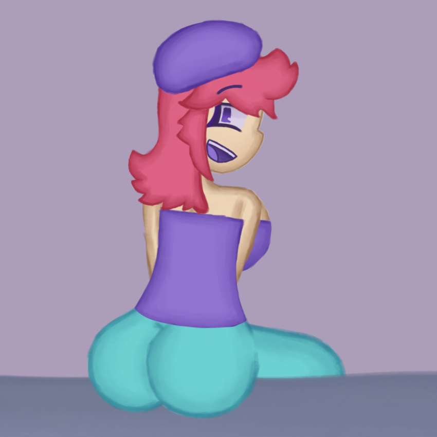 1girl absurd_res ass bare_shoulders beret bluesky breasts clothed curiousleviathan digitchan_and_friends from_behind hat long_hair looking_at_viewer looking_back no_sex open_mouth pink_hair purple_eyes raki_(dcaf) rakikamo sitting smile thefreakysideofdigi