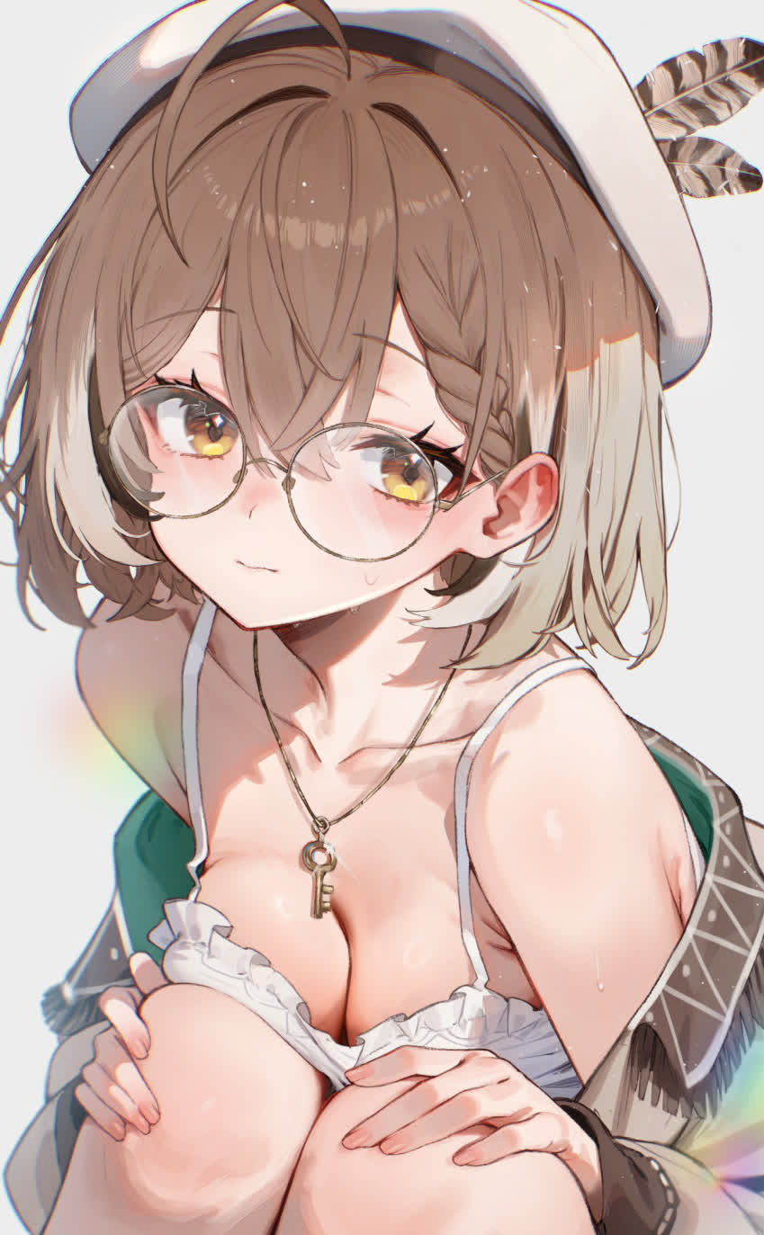 1girl ahoge armpits beret blush braid breasts capelet cleavage collarbone commentary crease english feathers glasses hat high_res hololive hololive_english jewelry klopsiak nanashi_mumei necklace scan virtual_youtuber vtuber