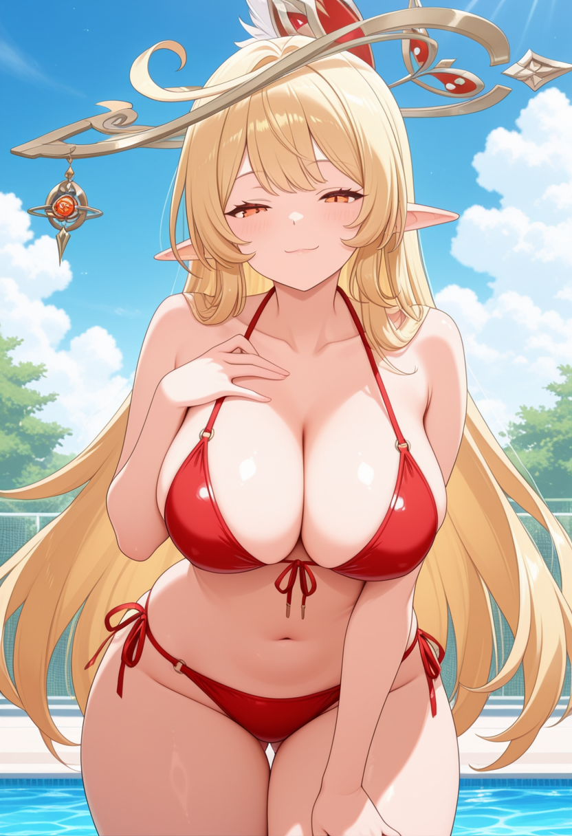 1girl ai_generated alice_(genshin_impact) big_breasts bikini blonde_hair blush breasts cleavage female_only genshin_impact hand_on_chest hand_on_own_chest hand_on_own_thigh hand_on_thigh leaning_forward long_hair milf orange_eyes outdoor_pool outside pointy_ears pool red_bikini smile solo_female vegaforge witch_hat