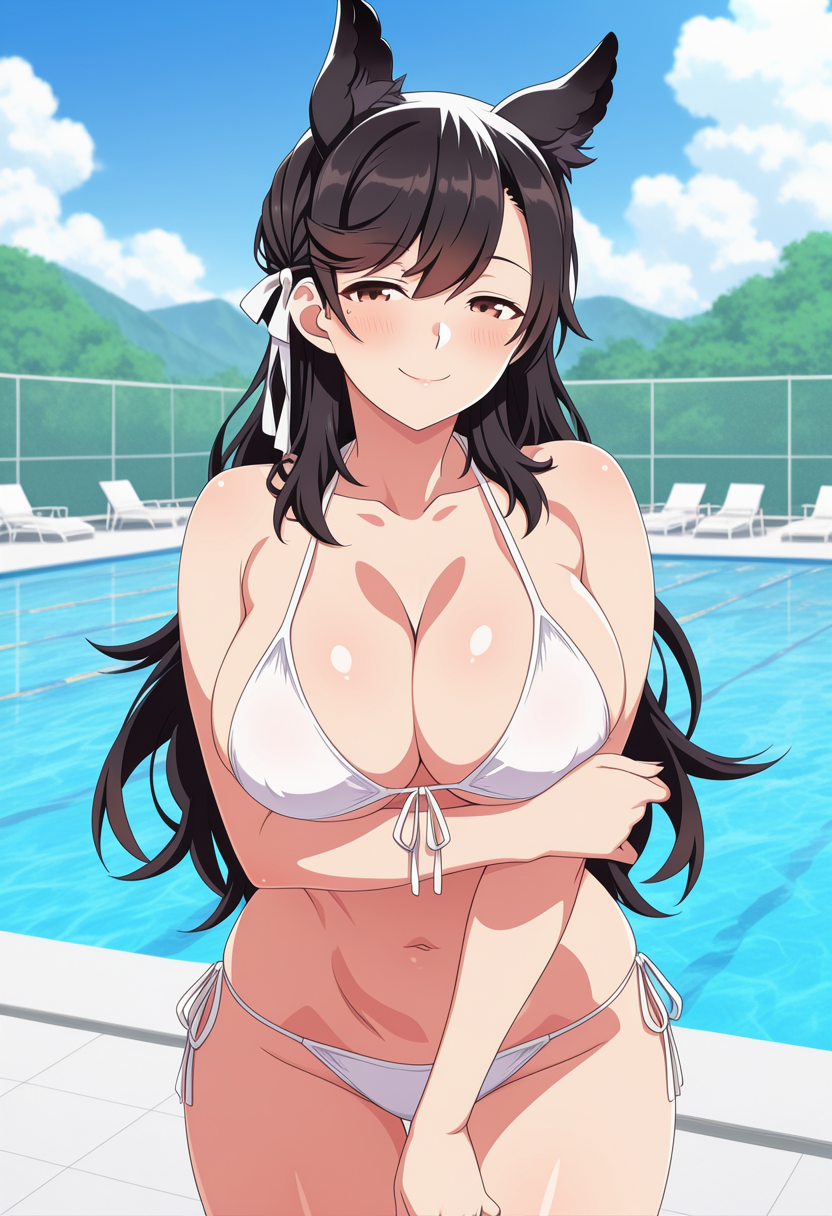 1girl ai_generated arm_under_breasts atago_(azur_lane) azur_lane big_breasts bikini black_hair blush breasts brown_eyes cleavage dog_ears dog_girl female_only hair_ribbon long_hair outdoor_pool outside pool poolside ribbon ship_girl smile solo_female vegaforge white_bikini white_ribbon