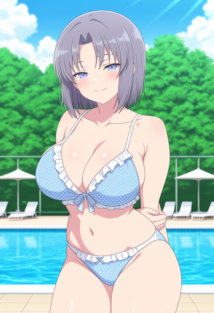 1girl ai_generated arms_behind_back big_breasts bikini blue_bikini blue_eyes blush breasts cleavage female_only grey_hair outdoor_pool outside pool poolside senran_kagura smile solo_female vegaforge yumi_(senran_kagura)
