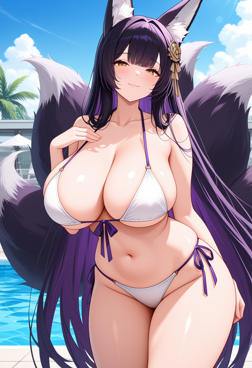 1girl ai_generated azur_lane big_breasts bikini blush breasts cleavage female_only fox_ears fox_girl fox_tails hair_accessory hair_ornament hand_on_chest hand_on_own_chest long_hair musashi_(azur_lane) outdoor_pool outside pool poolside purple_hair ship_girl smile solo_female vegaforge white_bikini yellow_eyes