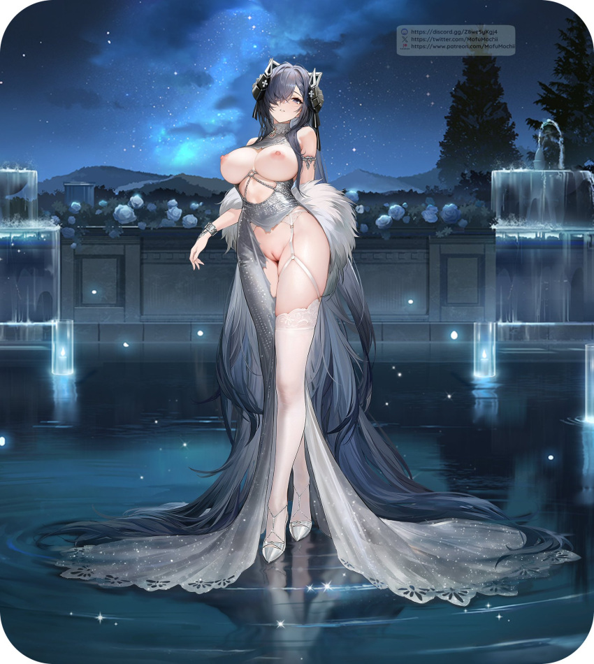 1girl armlets august_von_parseval_(azur_lane) azur_lane big_breasts bracelets breasts breasts_out dress edit feather_boa female_only fountain garden garter_belt garter_straps high_heels horns long_hair mofumochii night nipples on_water outside partially_clothed purple_eyes pussy ripped_dress roses ship_girl silver_hair solo_female stockings third-party_edit trees white_garter_straps white_stockings