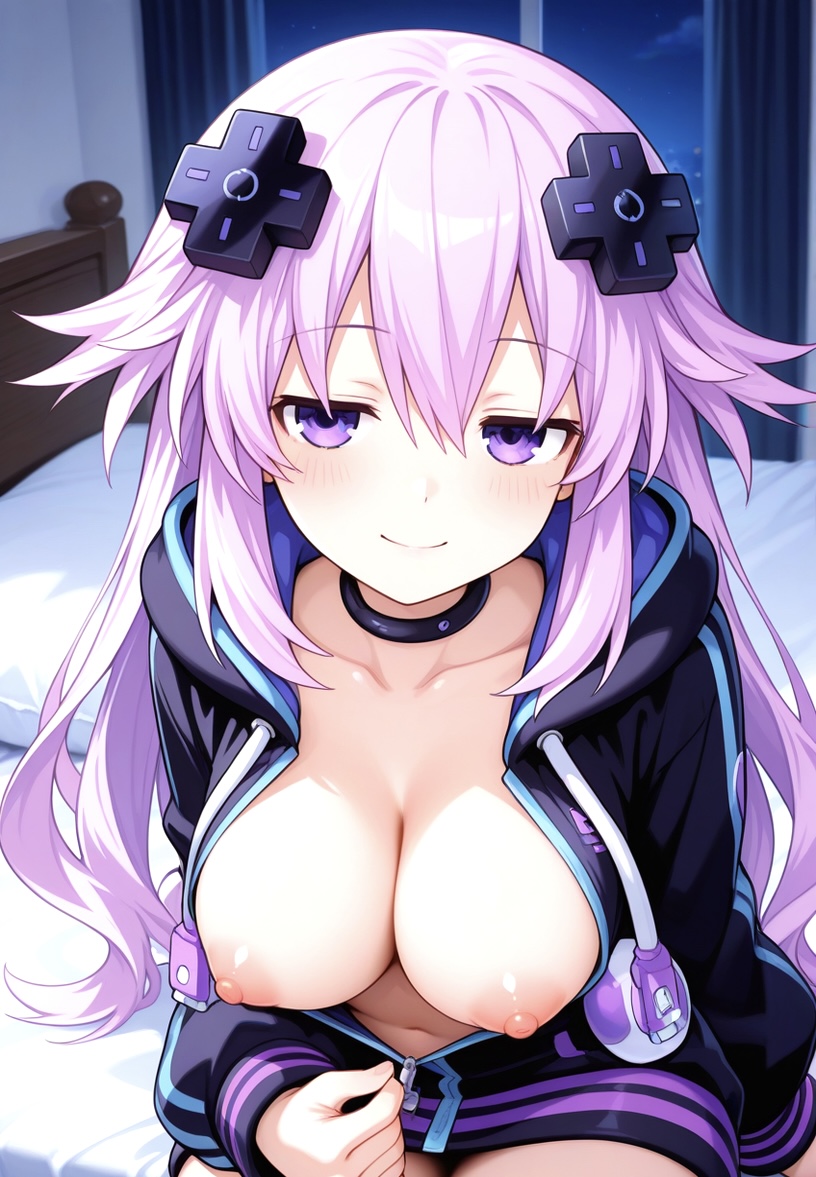 1girls adult_neptune ai_generated bedroom big_breasts black_choker black_hoodie blush breasts breasts_out choker clothed clothed_female d-pad_hair_ornament female_only half-closed_eyes hoodie hoodie_dress in_bed long_hair neptunia_(series) night nipples purple_eyes purple_hair seductive_eyes seductive_look seductive_smile smile solo_female zipper_down zipper_hoodie