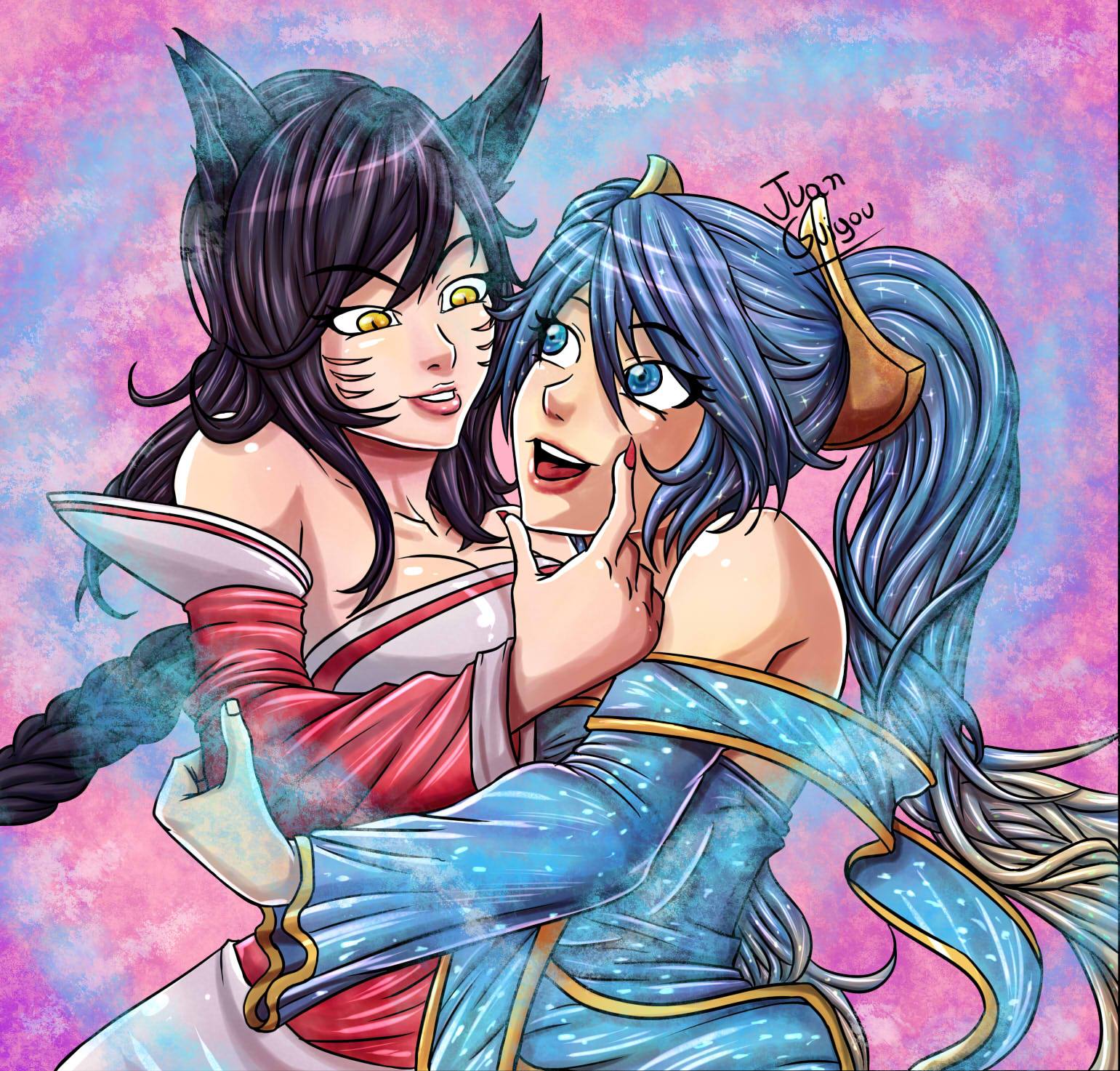 2_girls ahri ahri_(league_of_legends) breasts hug hugging league_of_legends light-skinned_female light_skin riot_games sona sona_(league_of_legends) sona_buvelle vastaya war-off-evil yuri