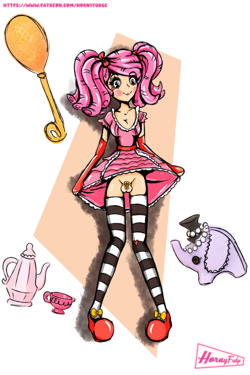 1futa artist_name artist_signature balls bow chastity chastity_cage chastity_device clothed clothing cosplay doll futa_only futanari genitals hair_ornament hornyfudge intersex knees_together_feet_apart kneesocks lalaloopsy light-skinned_futa light_skin mga_entertainment mostly_clothed pac-man_eyes paddle pale_skin peanut_big_top penis pink_hair simple_background solo standing twintails upskirt