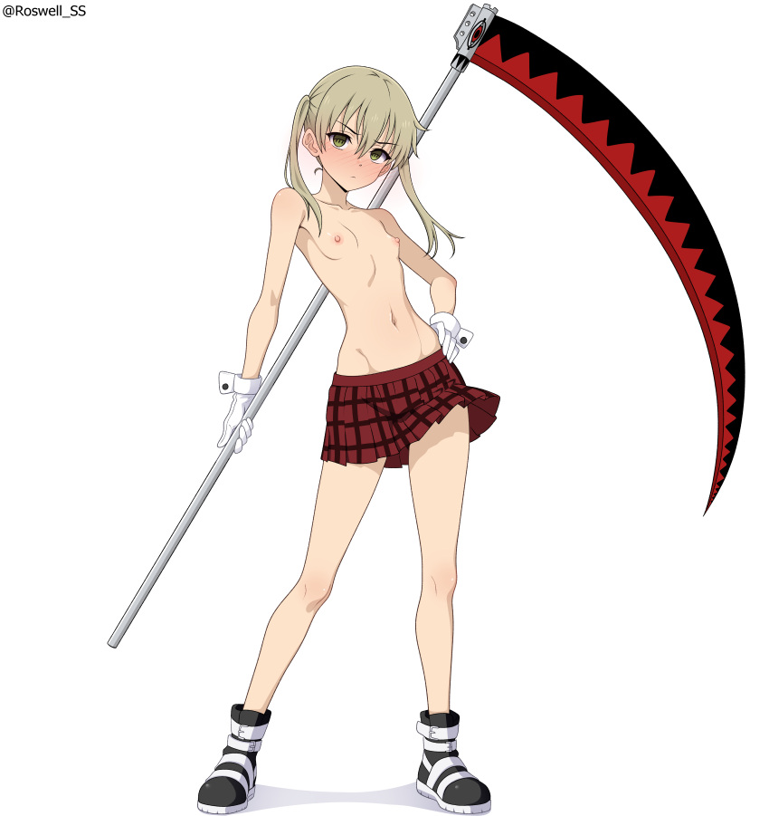 1girl 2020s 2026 absurd_res areola artist_name bare_legs bare_shoulders black_shoes blonde_hair blush boots breasts cleft_of_venus collarbone commentary english_commentary full_body gloves green_eyes hand_on_own_hip high_res looking_at_viewer maka_albarn navel nipples red_skirt roswell-ss scythe shoes simple_background skirt small_breasts soul_eater standing stomach teen teenage_girl topless_female twin_tails white_background white_gloves young